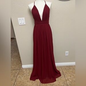 Maniju Burgundy Deep V-Neck Pleated Chiffon Maxi Dress Open Back Size S